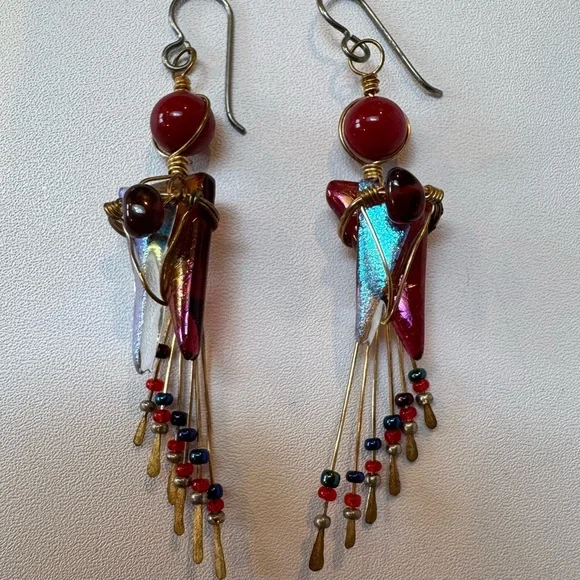 Artisan Red and Gold Dangle Earrings - Picture 2 of 3